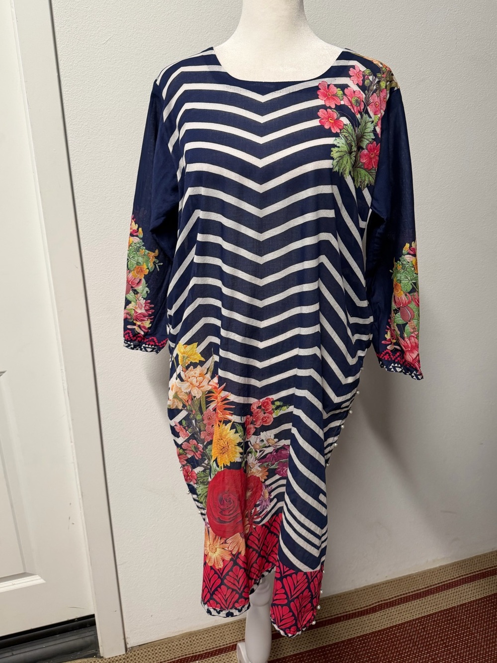 Navy Blue White Chevron Floral Pakistani Kameez Lightweight Summer Kurta Desi Tu